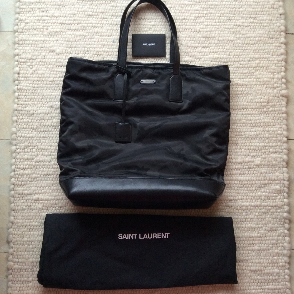 Saint Laurent camouflage poly and leather bag, medium unisex tote travel